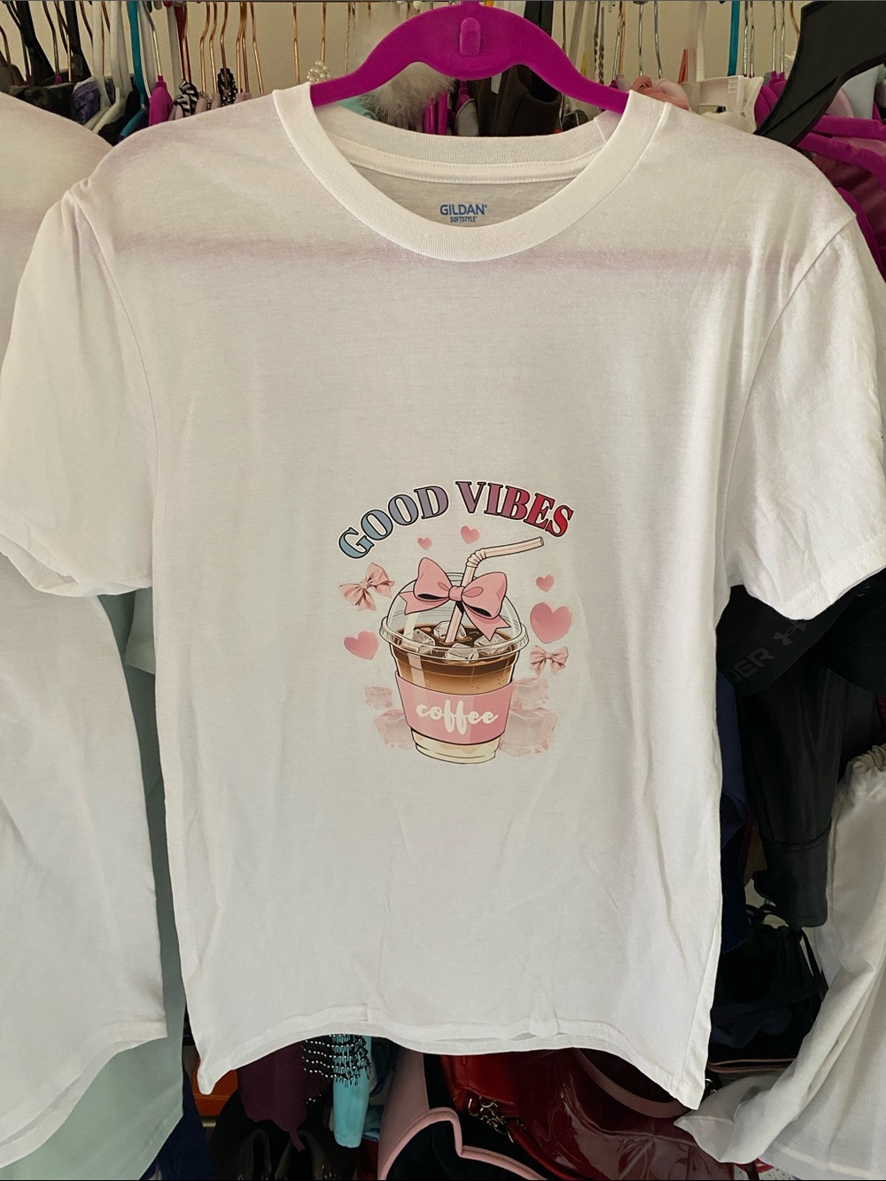 Gildan White Kids Tee with Pink Coffee Graphic - "Good Vibes"